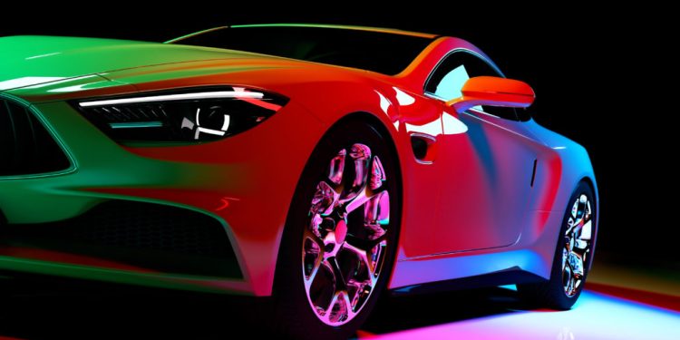 Modern coupe car in colorful spotlights on a black background. Front view. 3D illustration. Luxury cars.